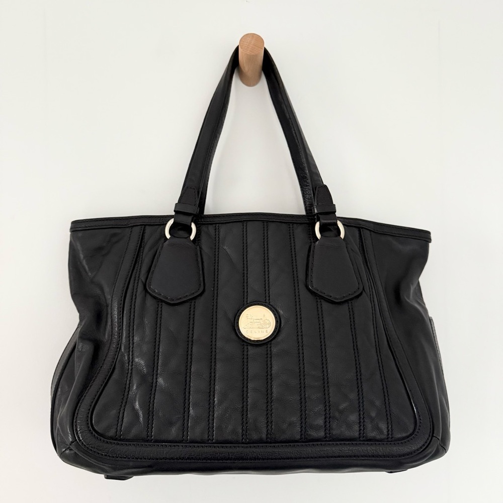 Celine vintage black quilted leather tote with gold carriage medallion - Picture 2 of 11